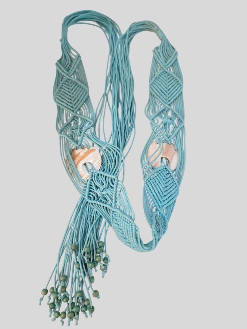 Vintage 80s Aqua Macrame Belt Boho Shell & Wooden Bead Tie Waist Statement